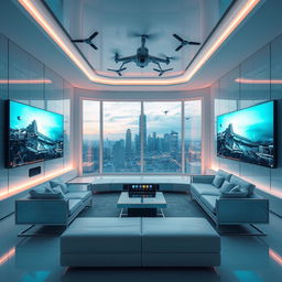 A highly futuristic interior of a house featuring walls made entirely of televisions, displaying interactive digital art and live feeds