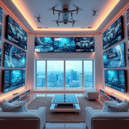 A highly futuristic interior of a house featuring walls made entirely of televisions, displaying interactive digital art and live feeds