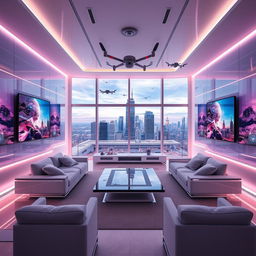 A highly futuristic interior of a house featuring walls made entirely of televisions, displaying interactive digital art and live feeds