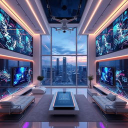 A highly futuristic interior of a house featuring walls made entirely of televisions, displaying interactive digital art and live feeds
