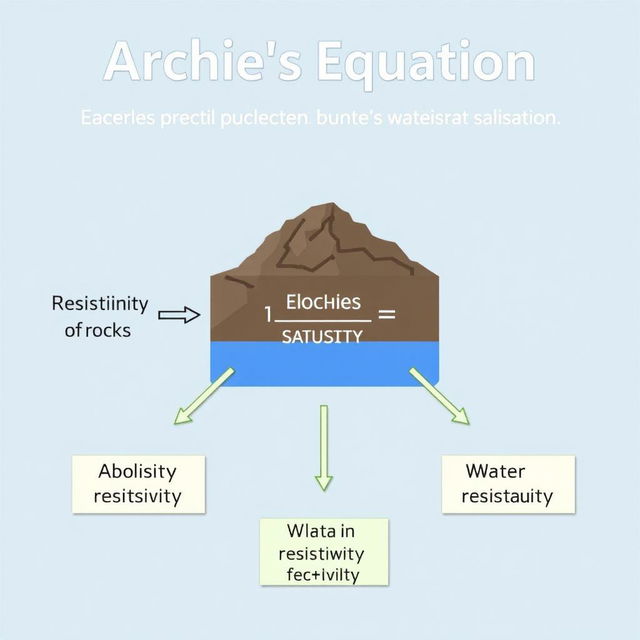 An informative diagram illustrating Archie’s equation, highlighting its main components such as electrical resistivity of rocks, porosity, and water resistivity