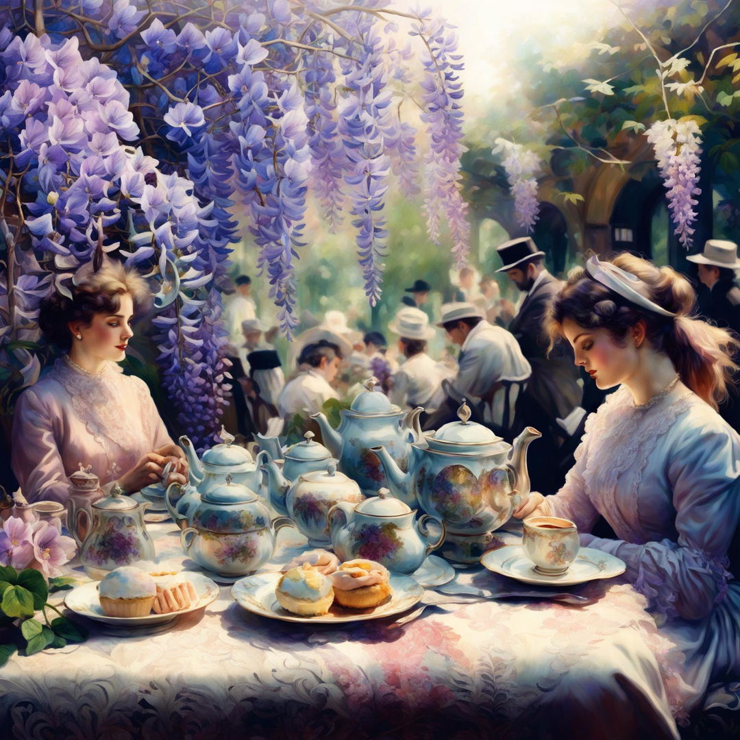 A digital art piece depicting a Victorian-era high tea under a blooming wisteria canopy in a lush garden