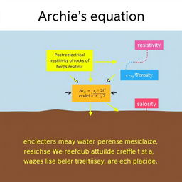 An informative diagram illustrating Archie’s equation, highlighting its main components such as electrical resistivity of rocks, porosity, and water resistivity