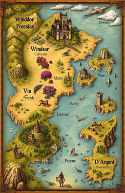 A detailed and captivating fantasy map featuring the lands of Windsor, Freesias, Vin, Marin, Laureant, and D'Argent