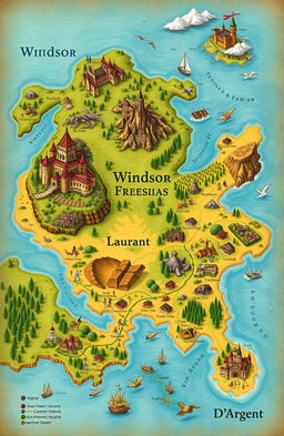 A detailed and captivating fantasy map featuring the lands of Windsor, Freesias, Vin, Marin, Laureant, and D'Argent