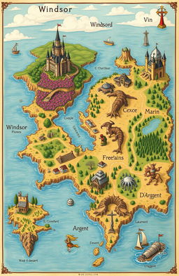 A detailed and captivating fantasy map featuring the lands of Windsor, Freesias, Vin, Marin, Laureant, and D'Argent