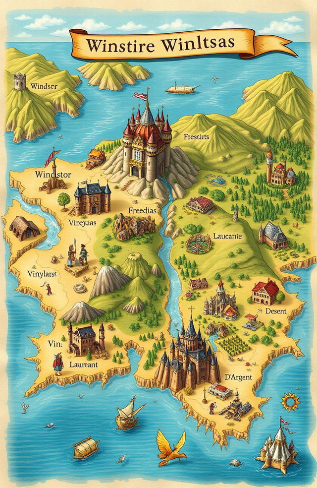 A detailed and captivating fantasy map featuring the lands of Windsor, Freesias, Vin, Marin, Laureant, and D'Argent