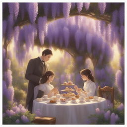 A Studio Ghibli style digital art piece depicting a Victorian-era high tea under a blooming wisteria canopy during the golden hour