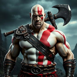 A powerful and muscular man resembling Dwayne 'The Rock' Johnson, dressed as Kratos from the God of War games
