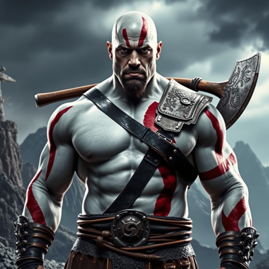 A powerful and muscular man resembling Dwayne 'The Rock' Johnson, dressed as Kratos from the God of War games