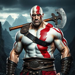 A powerful and muscular man resembling Dwayne 'The Rock' Johnson, dressed as Kratos from the God of War games