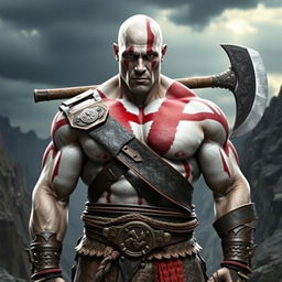 A powerful and muscular man resembling Dwayne 'The Rock' Johnson, dressed as Kratos from the God of War games