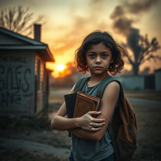 A dramatic and emotional scene depicting a young girl in a tense atmosphere, standing in front of a modest house that represents her challenging upbringing in a conflict-ridden environment