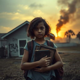 A dramatic and emotional scene depicting a young girl in a tense atmosphere, standing in front of a modest house that represents her challenging upbringing in a conflict-ridden environment