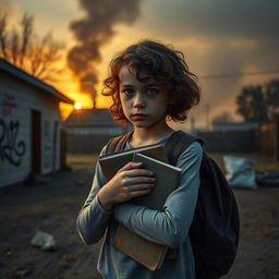 A dramatic and emotional scene depicting a young girl in a tense atmosphere, standing in front of a modest house that represents her challenging upbringing in a conflict-ridden environment