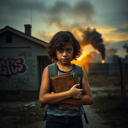 A dramatic and emotional scene depicting a young girl in a tense atmosphere, standing in front of a modest house that represents her challenging upbringing in a conflict-ridden environment