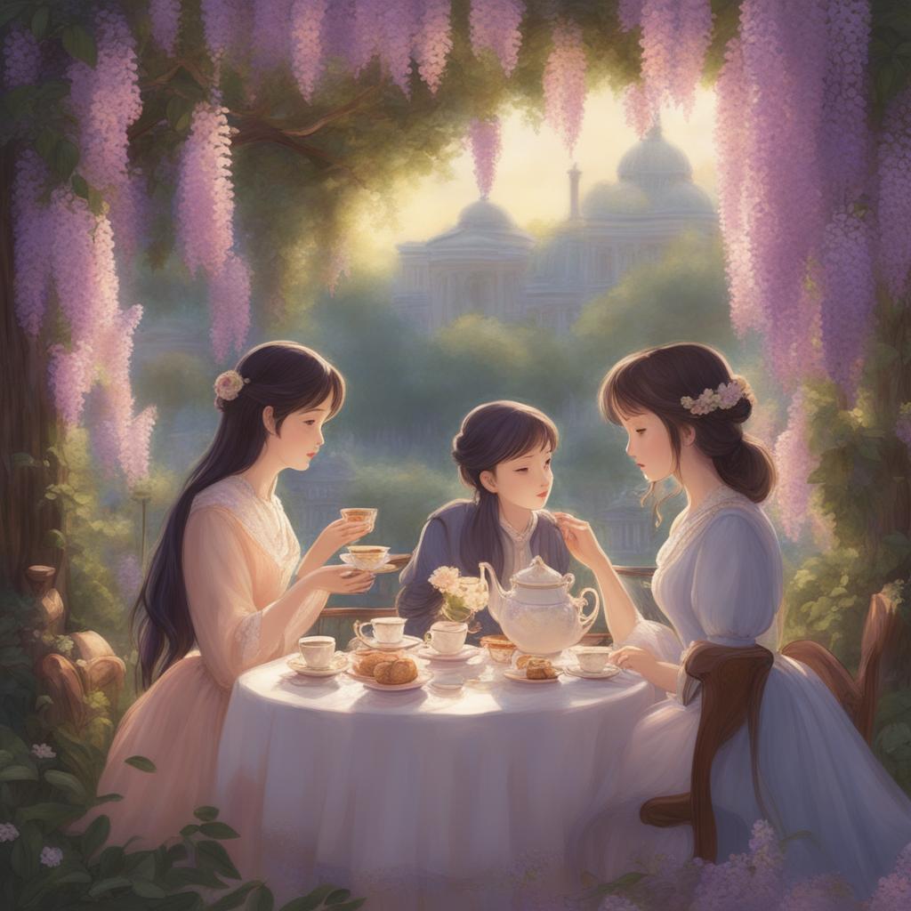 A Studio Ghibli style digital art piece depicting a Victorian-era high tea under a blooming wisteria canopy during the golden hour