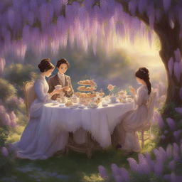 A Studio Ghibli style digital art piece depicting a Victorian-era high tea under a blooming wisteria canopy during the golden hour