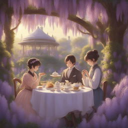 A Studio Ghibli style digital art piece depicting a Victorian-era high tea under a blooming wisteria canopy during the golden hour