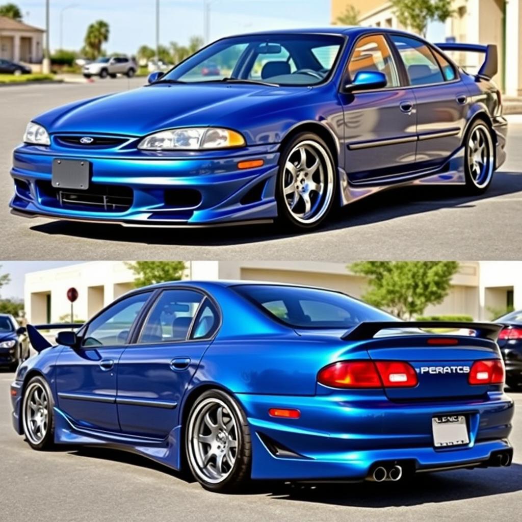 A custom body kit designed for a 1997 Ford Taurus, featuring an aggressive front bumper, wide side skirts, and a sleek rear spoiler