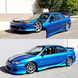 A custom body kit designed for a 1997 Ford Taurus, featuring an aggressive front bumper, wide side skirts, and a sleek rear spoiler