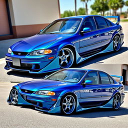 A custom body kit designed for a 1997 Ford Taurus, featuring an aggressive front bumper, wide side skirts, and a sleek rear spoiler