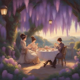 A vibrant, Baroque-inspired digital art piece in the style of Studio Ghibli, depicting a Victorian-era high tea under a blooming wisteria canopy during the golden hour