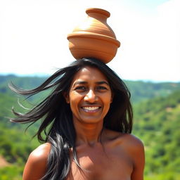 A 44-year-old woman standing confidently, completely naked, with a traditional clay pot balanced on her head