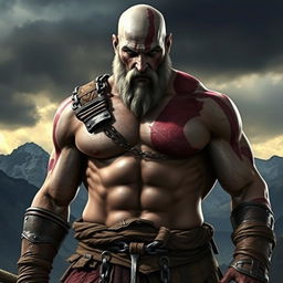 A muscular man with a strong build and a fierce expression, embodying Kratos from the God of War games