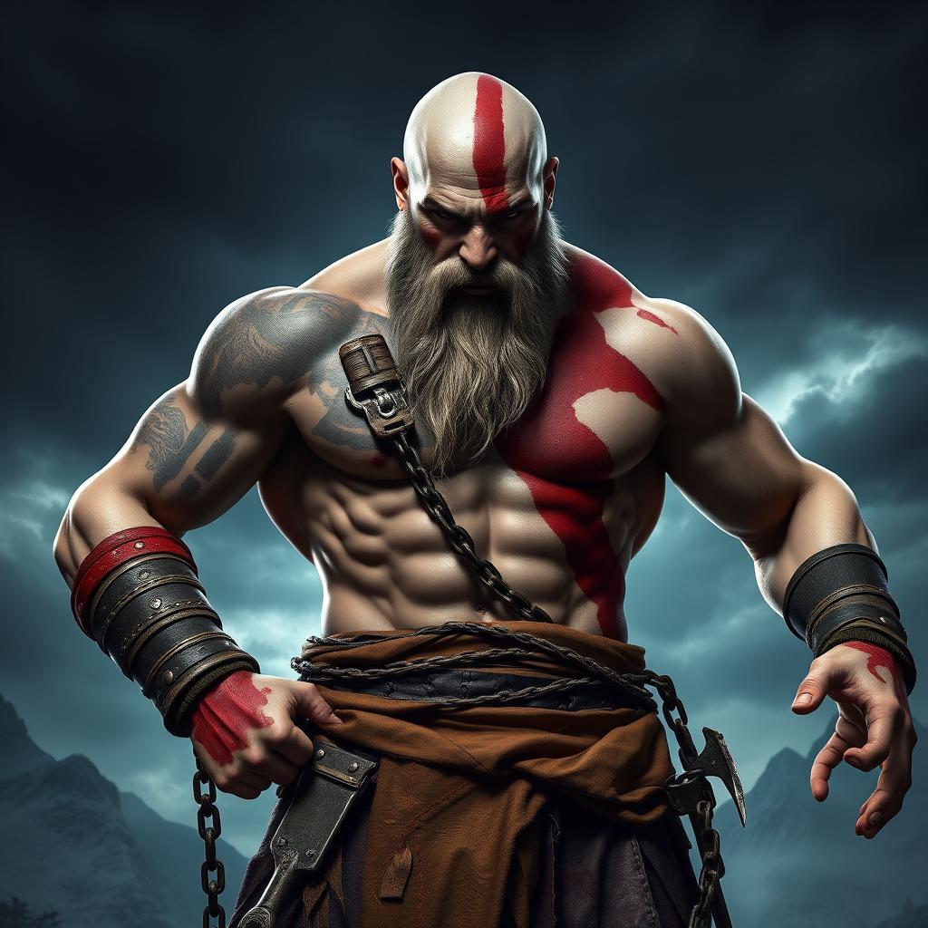 A muscular man with a strong build and a fierce expression, embodying Kratos from the God of War games