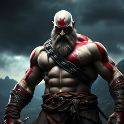 A muscular man with a strong build and a fierce expression, embodying Kratos from the God of War games