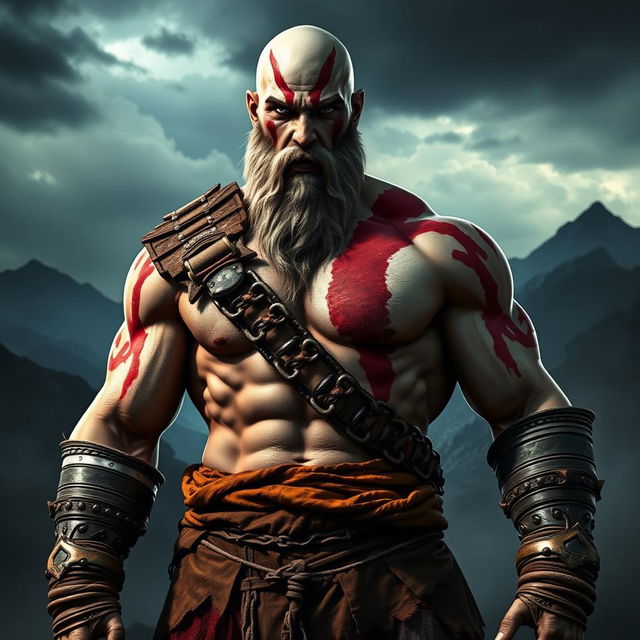 A muscular man with a strong build and a fierce expression, embodying Kratos from the God of War games