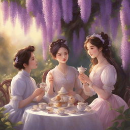 A vibrant, Baroque-inspired digital art piece in the style of Studio Ghibli, depicting a Victorian-era high tea under a blooming wisteria canopy during the golden hour