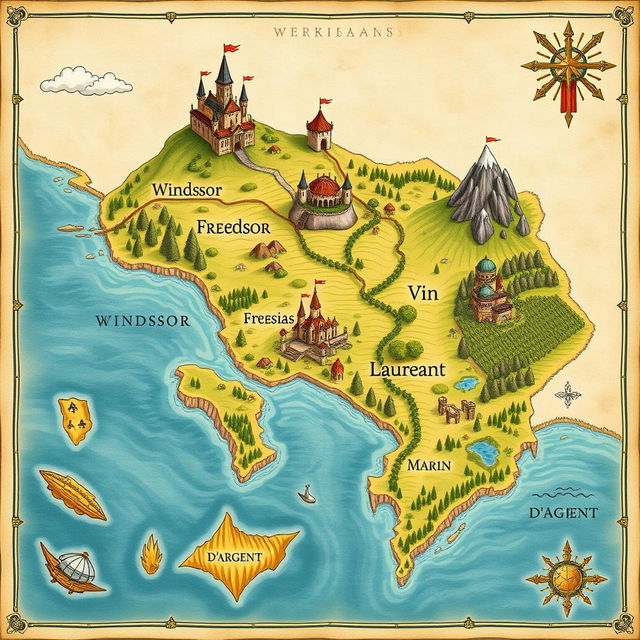 A beautifully crafted fantasy map showcasing separated lands, prominently featuring Windsor, Freesias, Vin, Marin, Laureant, and D'Argent