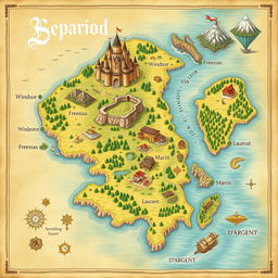A beautifully crafted fantasy map showcasing separated lands, prominently featuring Windsor, Freesias, Vin, Marin, Laureant, and D'Argent