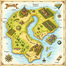 A beautifully crafted fantasy map showcasing separated lands, prominently featuring Windsor, Freesias, Vin, Marin, Laureant, and D'Argent