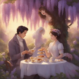 A vibrant, Baroque-inspired digital art piece in the style of Studio Ghibli, depicting a Victorian-era high tea under a blooming wisteria canopy during the golden hour