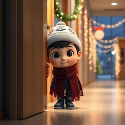 An animated 3D scene featuring a cute 6-year-old boy named Nil, quietly hiding behind a door in a modern school