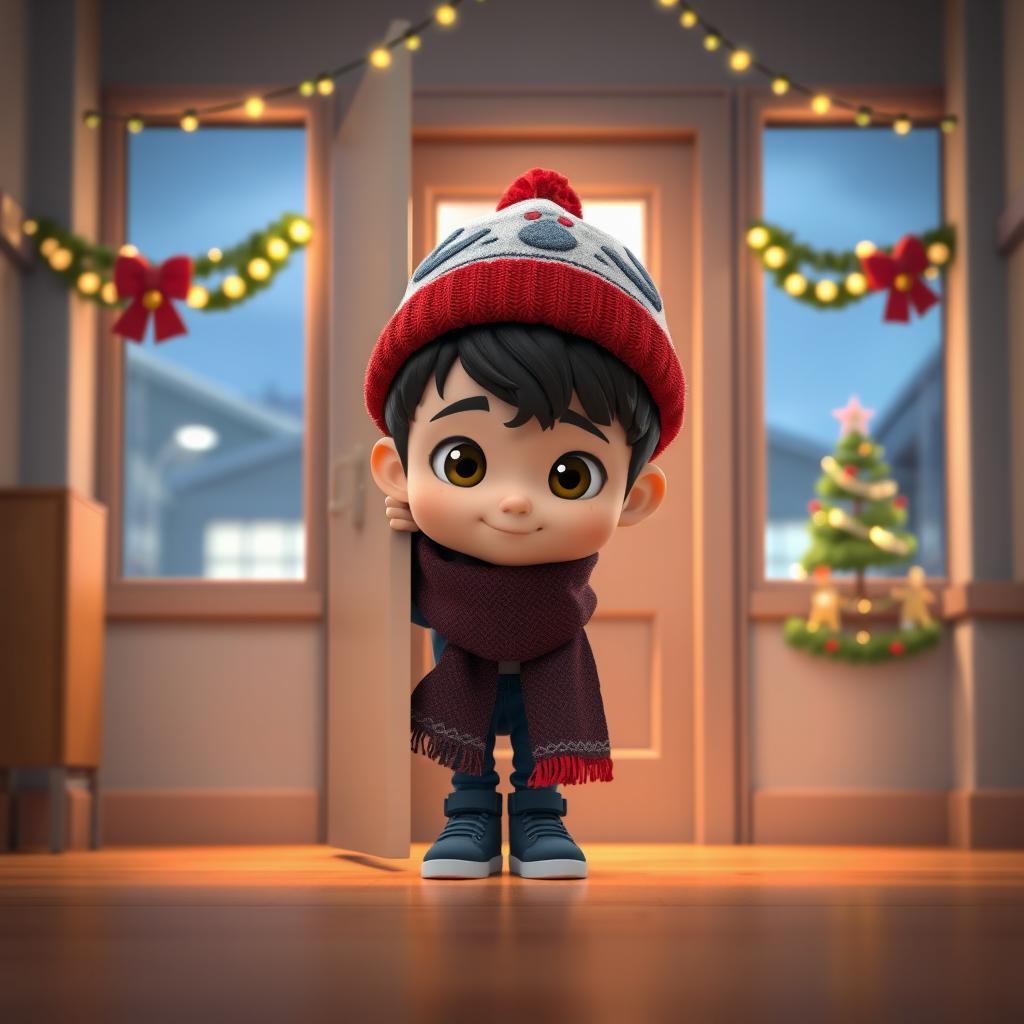 An animated 3D scene featuring a cute 6-year-old boy named Nil, quietly hiding behind a door in a modern school