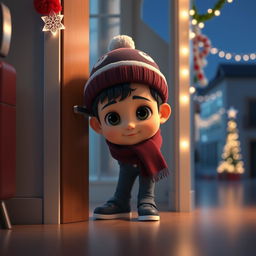 An animated 3D scene featuring a cute 6-year-old boy named Nil, quietly hiding behind a door in a modern school