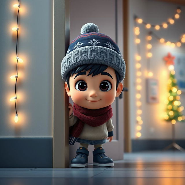 An animated 3D scene featuring a cute 6-year-old boy named Nil, quietly hiding behind a door in a modern school