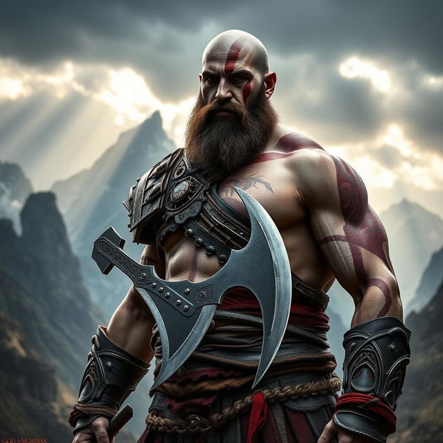 A highly detailed and realistic depiction of Jason Momoa embodying the character Kratos from the God of War video games