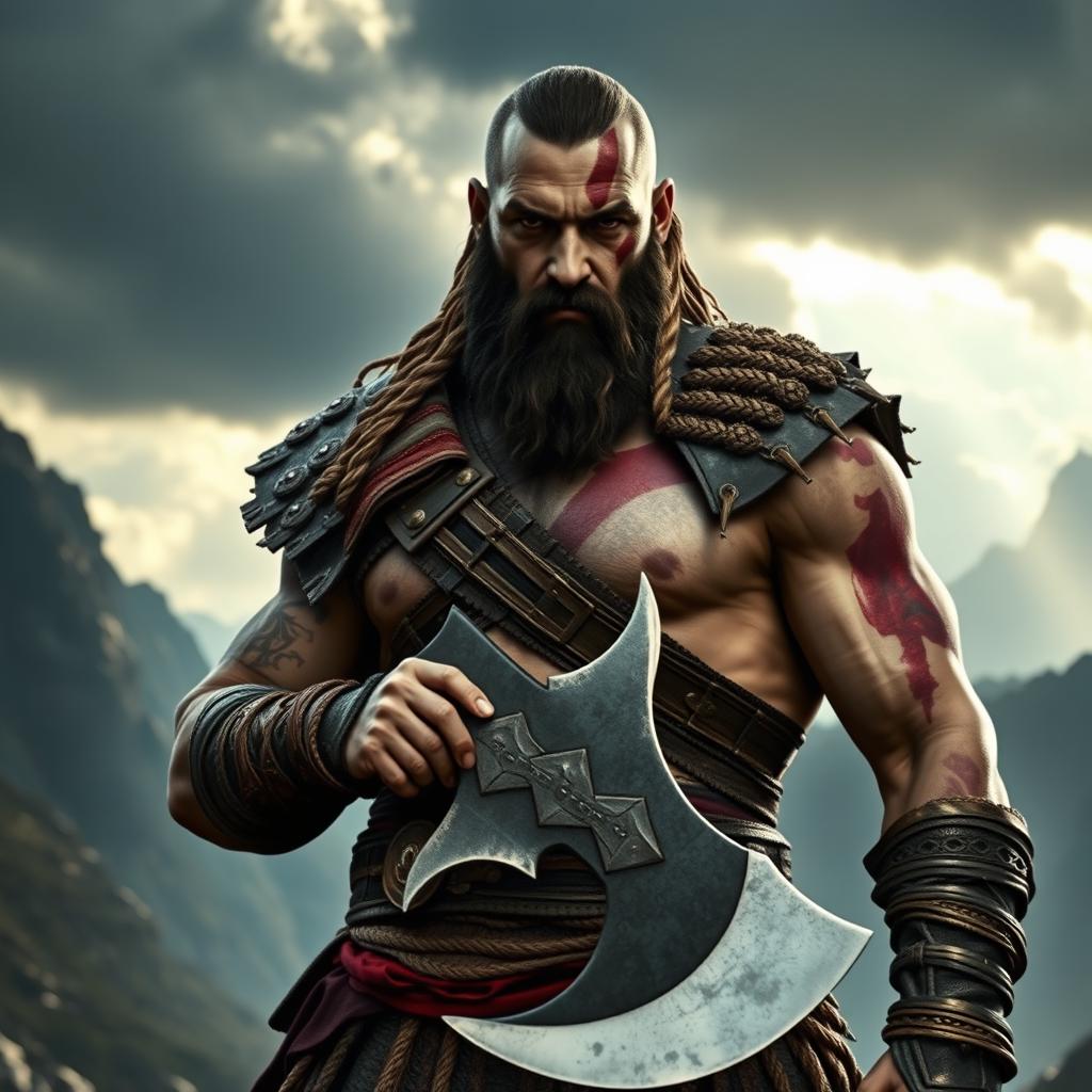 A highly detailed and realistic depiction of Jason Momoa embodying the character Kratos from the God of War video games