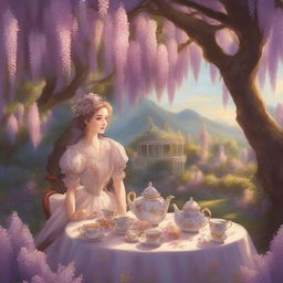 A vibrant, Baroque-inspired digital art piece in the style of Studio Ghibli, depicting a Victorian-era high tea under a blooming wisteria canopy during the golden hour