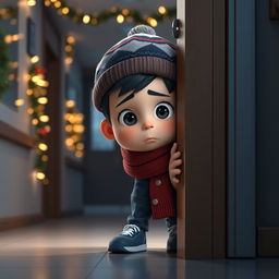 An animated 3D scene depicting a cute 6-year-old boy named Nil quietly hiding behind a door, his expression both anxious and brave as he waits in the dark, keeping watch for potential thieves