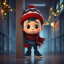An animated 3D scene depicting a cute 6-year-old boy named Nil quietly hiding behind a door, his expression both anxious and brave as he waits in the dark, keeping watch for potential thieves