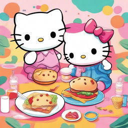 A high-quality digital art illustration featuring two Hello Kitty characters enjoying a meal together