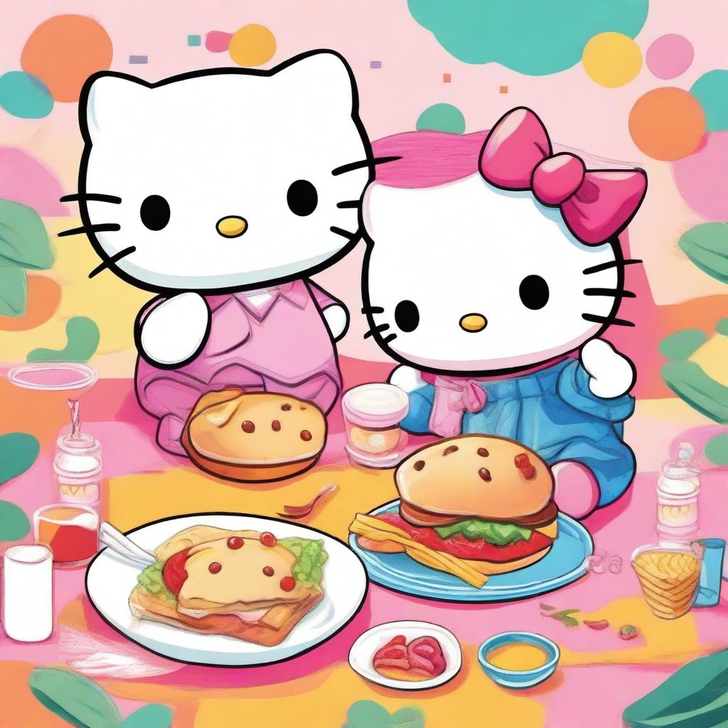 A high-quality digital art illustration featuring two Hello Kitty characters enjoying a meal together