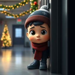 An animated 3D scene depicting a cute 6-year-old boy named Nil quietly hiding behind a door, his expression both anxious and brave as he waits in the dark, keeping watch for potential thieves