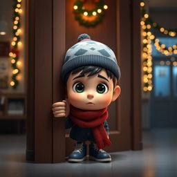 An animated 3D scene depicting a cute 6-year-old boy named Nil quietly hiding behind a door, his expression both anxious and brave as he waits in the dark, keeping watch for potential thieves